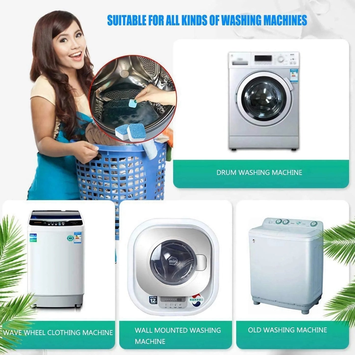 🔥12 PCS/Pack🔥Washing Machine Deep Cleaner Tablets – Eliminates 99% Germs, Removes Odors & Prevents Mold 🧽
