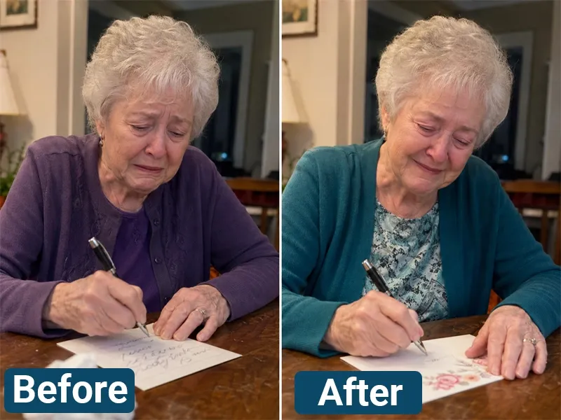 Margaret writing a card before and after using her daily patch routine