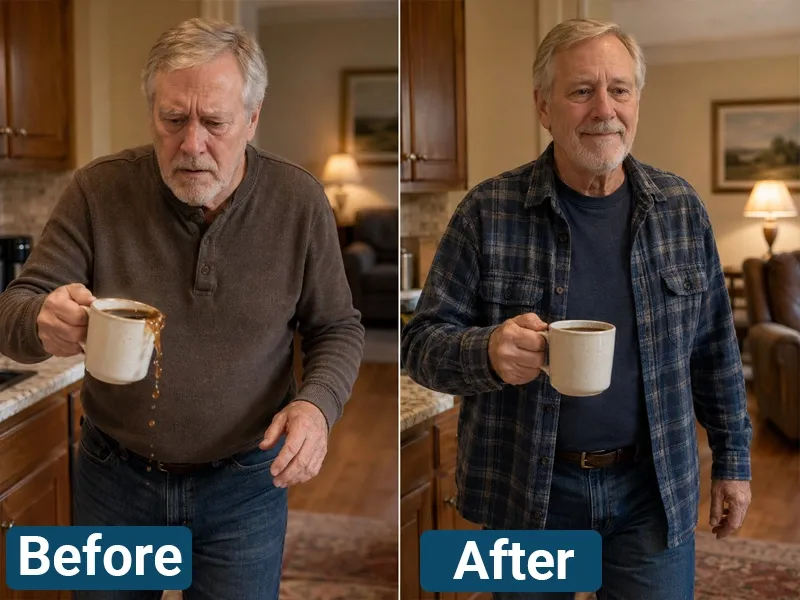 Robert carrying a mug of coffee before and after using his daily patch routine