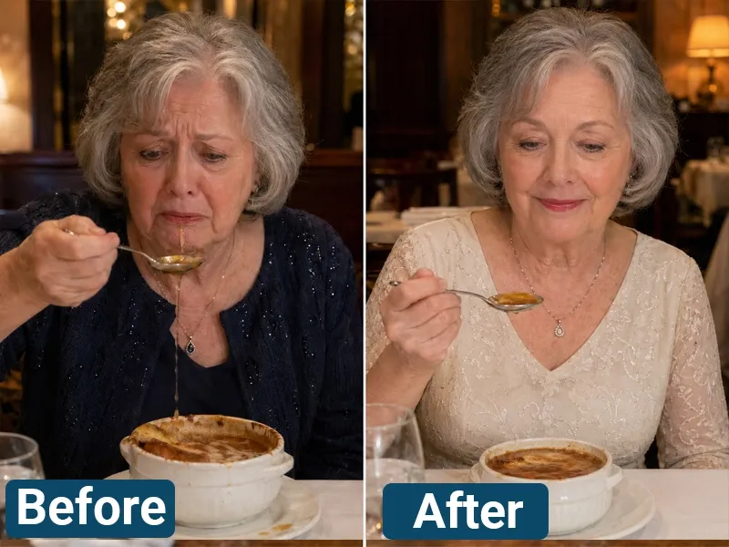 Catherine enjoying soup at a restaurant before and after using her daily patch routine