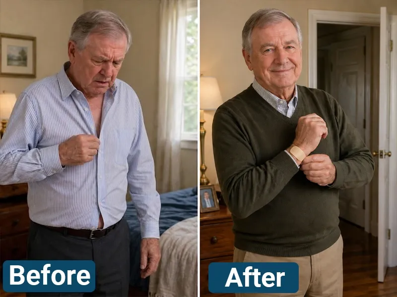 Thomas buttoning his shirt and showing a discreet wrist patch