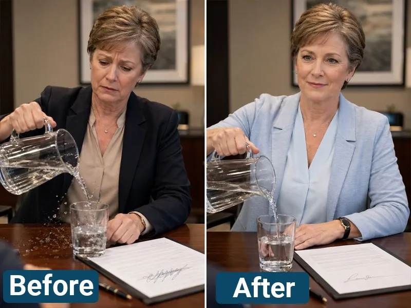 Patricia pouring water during a professional meeting before and after using her daily patch routine