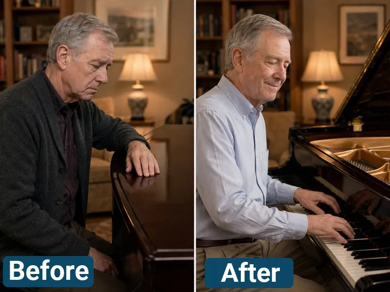 William returning to the piano before and after using his daily patch routine