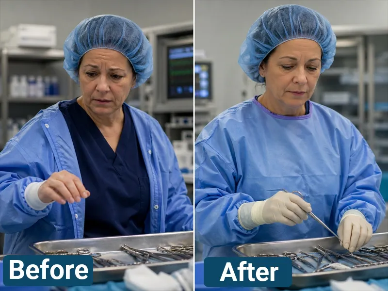 James handling surgical instruments before and after using a discreet daily patch routine